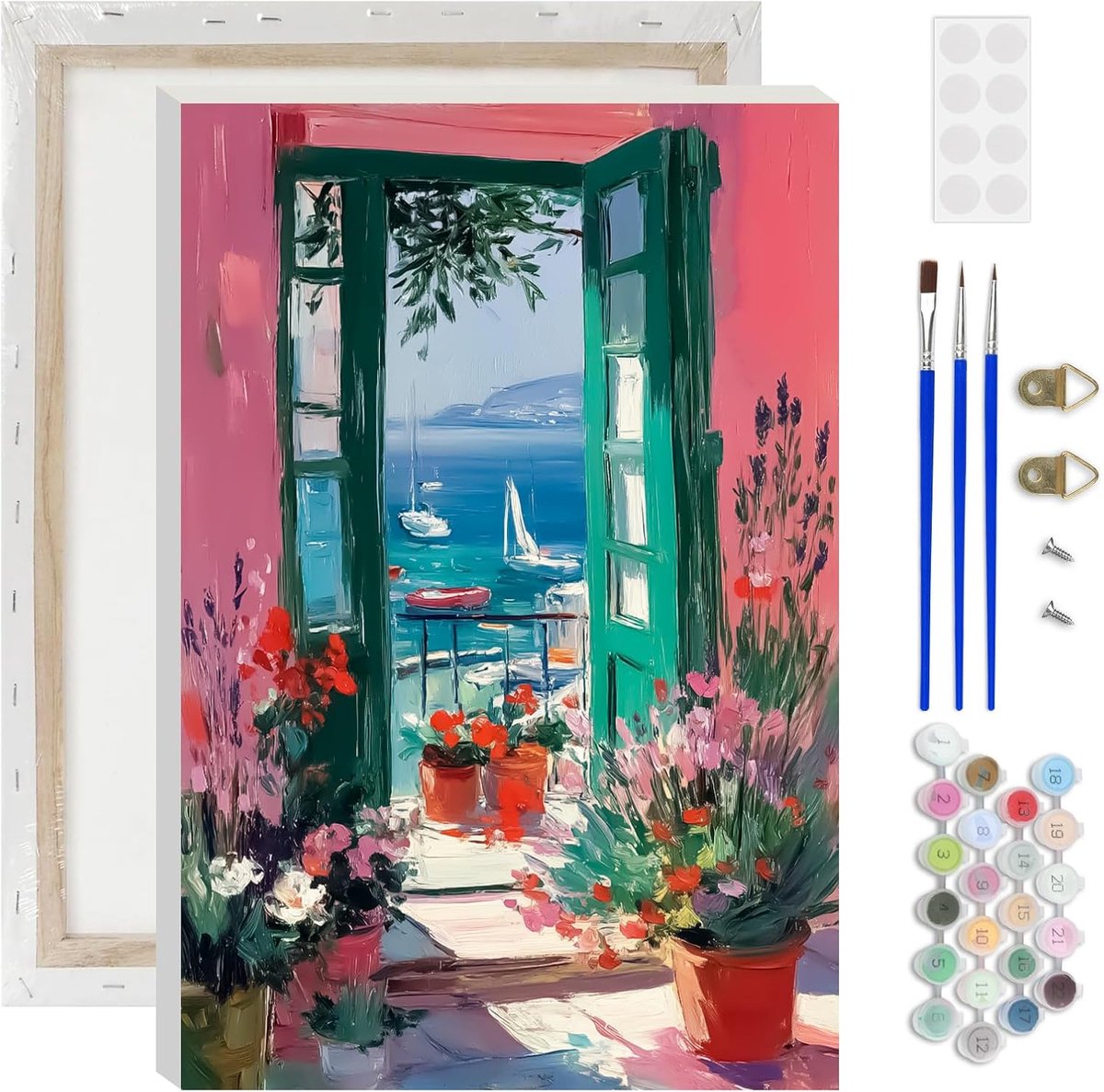 SnelShoppen - Paint by Numbers voor Volwassenen - AIRDEA Zeezicht Schilderij met Kleurrijke Flora - DIY Acrylverf Kit met 3 Penselen en Instructies vo