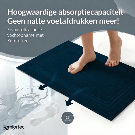 Voeten op een donkerblauwe, absorberende badmat. Natte voetstappen op de vloer veranderen in droge.