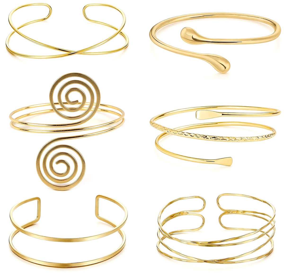 SnelShoppen - Set van 6 Bovenarmbanden Dames, Minimalistisch Ontwerp Verstelbaar, Open Pols Spiraalarmbanden voor Bruiloften en Feesten, Teder Cadeau