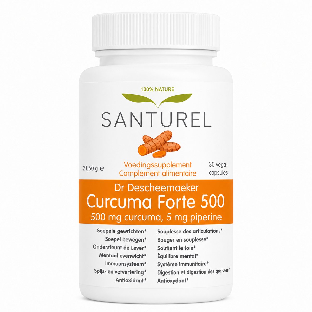 Santurel Dr. Descheemaeker - Curcumine Supplement - 500 mg Curcuminoïden - 5 mg Piperine - 95% Curcuma Extract