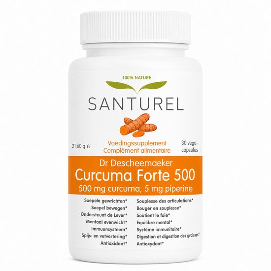 Santurel Curcuma Forte 500: 30 vega-capsules, 500 mg curcuma, 5 mg piperine. Beschreven als '100% Nature'.