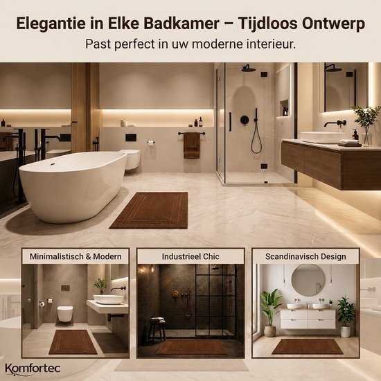 Komfortec Badmat - 2 stuks - Handdoek Dikte - Hotelkwaliteit - Zachte en Absorberende Douchemat - 50x70 cm - 100% Katoen – Bruin
