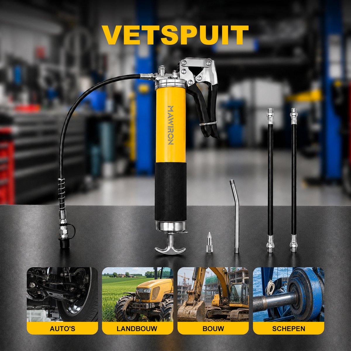Vetspuit / Handpomp Smeerpistool – Zware Vetpomp met 3 Flexibele Slangen (450mm + 2x 300mm), Gebogen Pijp & Smeermondstuk – Professioneel Smeergereedschap voor Automotive, Fiets, Landbouw & Werkplaats