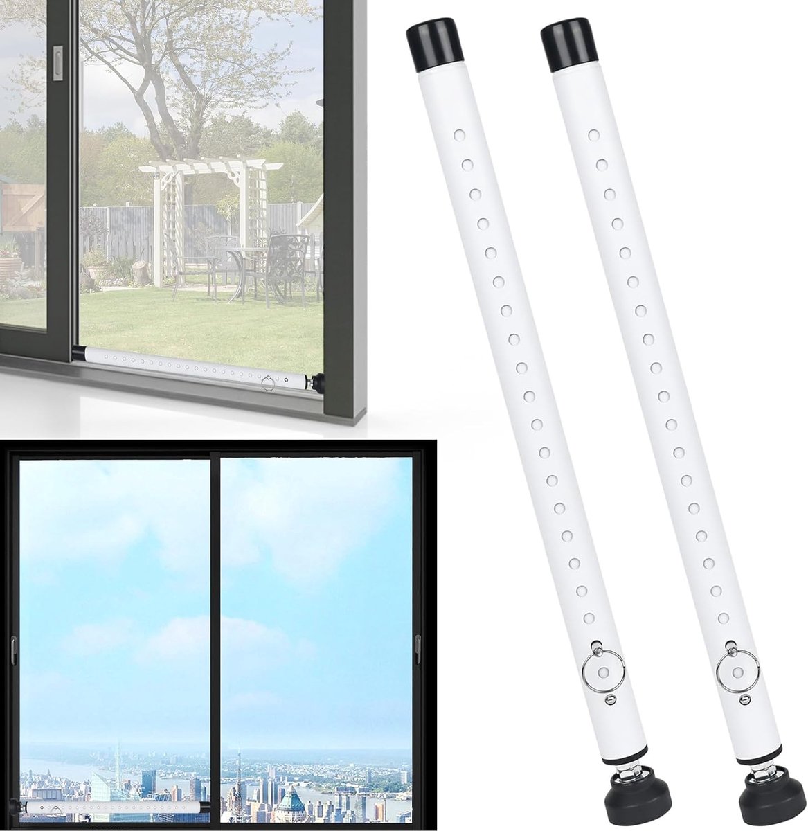 SnelShoppen - PYserne Veiligheidsstang voor deuren en ramen, 42-127 cm, verstelbare inbraakbescherming met rubberen doppen, pantsergrendel, 2 stuks vo