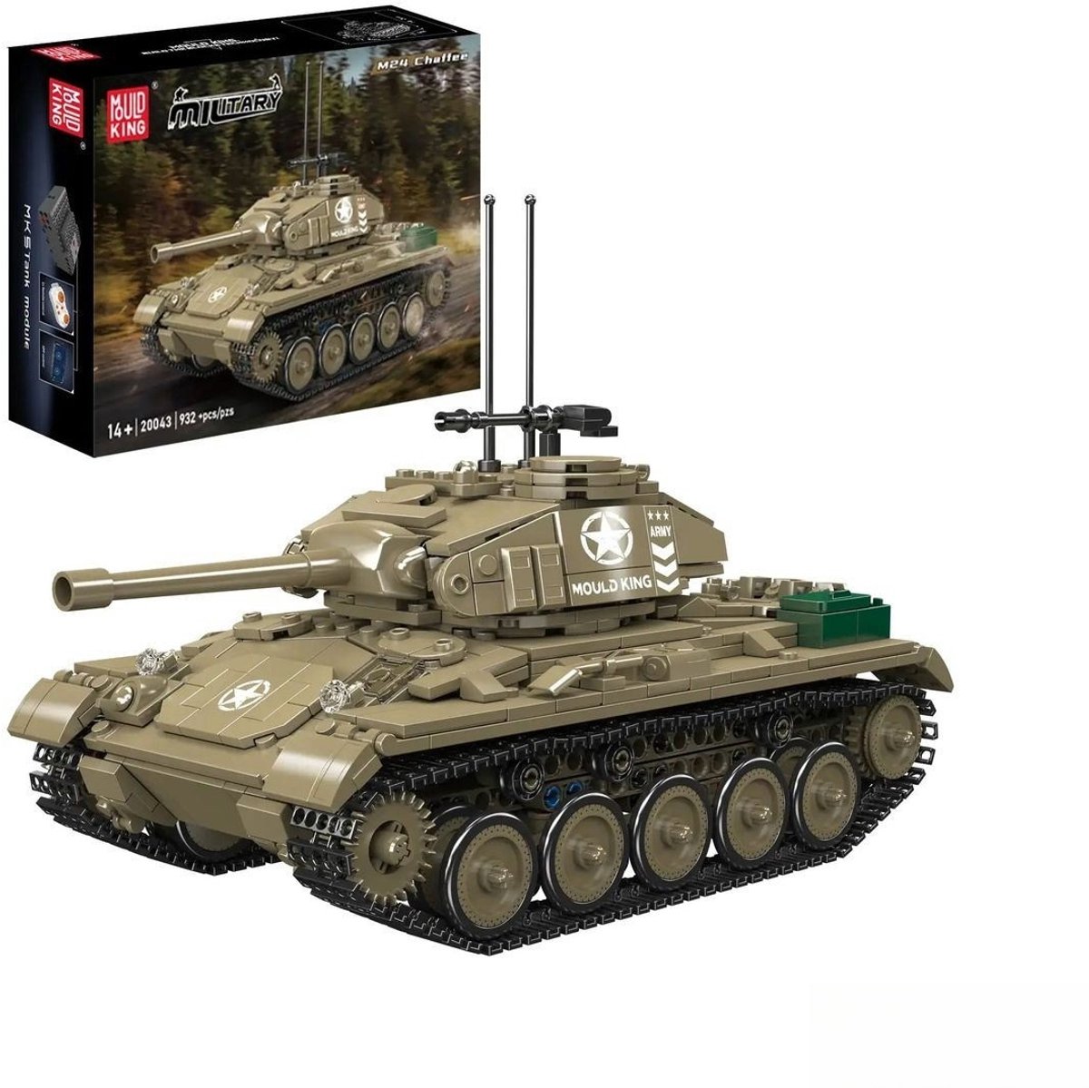 Mould King - 20043 M24 Chaffee RC Tank bouwset | WW2 Army auto constructie modelbouw | Educatief militair & leger speelgoed bouwpakketten voor kinderen & volwassenen | Incl. Radiografisch bestuurbare remote | 932 bouwstenen