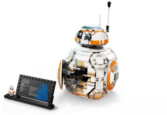 Droïde astromécano BB-8 LEGO avec socle d'exposition et panneau d'information.