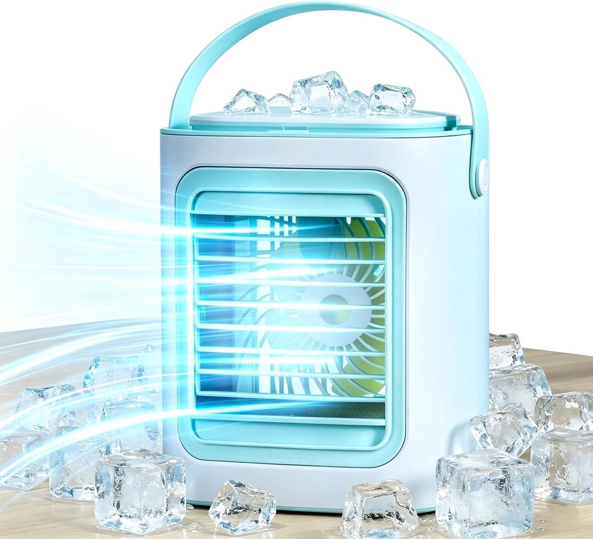 Mini-draagbare airconditioner met aanraakbediening en sfeerverlichting – 3-snelheden ventilator en luchtbevochtiger met 2 ijsbakjes – voor kantoor, kamperen, buiten (wit en hemelsblauw).L