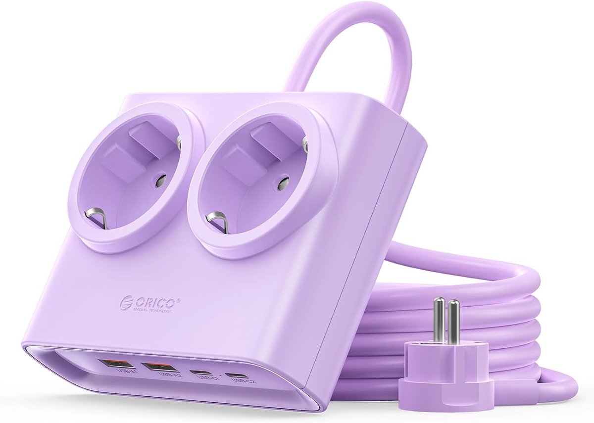 ORICO PDC 15W - Stekkerdoos - GaN stekkerdoos – 6-in-1 platte stekker met stekkerdoos (2 stopcontacten + 4x USB met 2x USB-C PD) – Platte stekker 1,3 cm – 1,6 m kabel – 2500 W – Voor thuis & kantoor