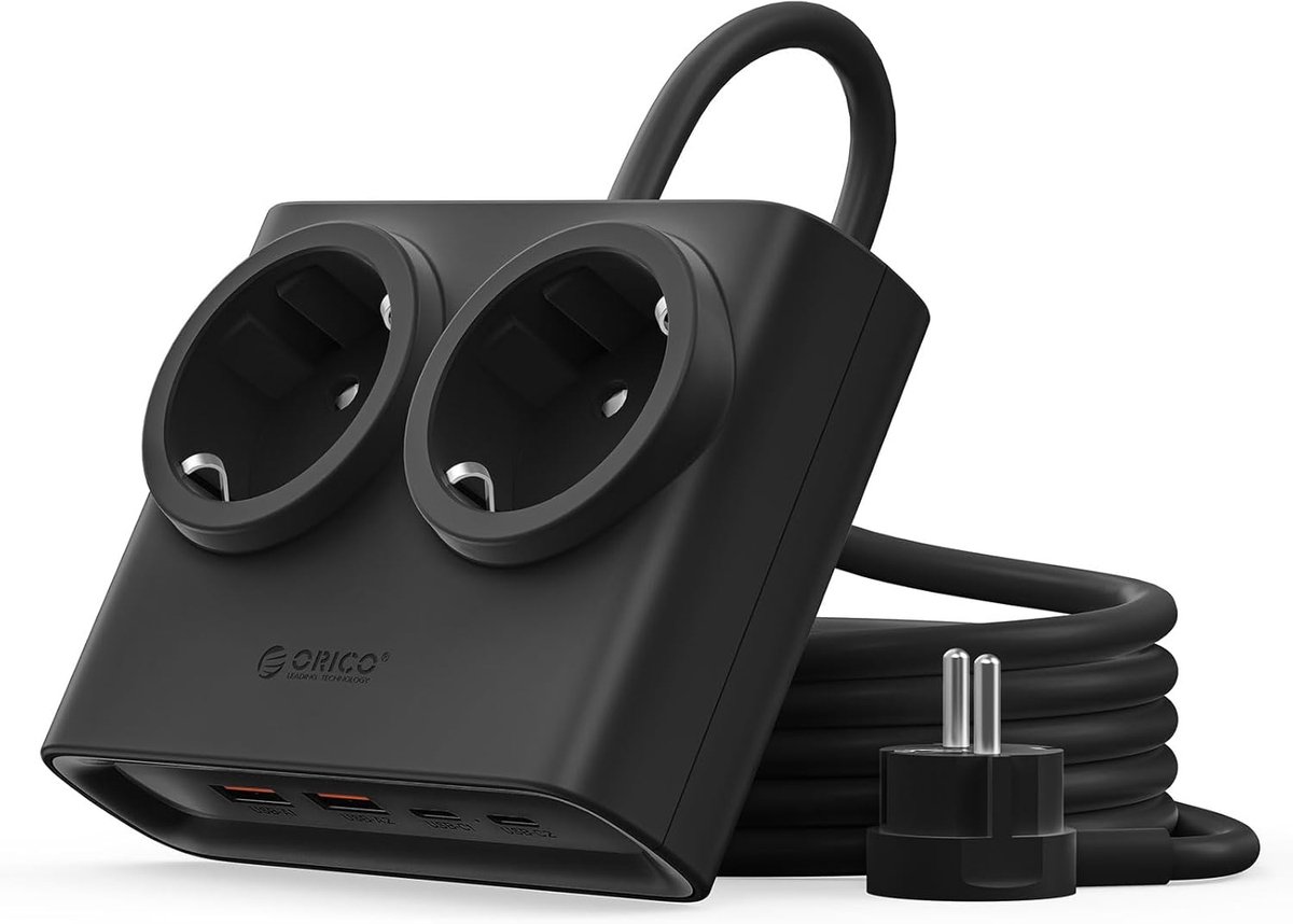 ORICO PDC 15W - Stekkerdoos - GaN stekkerdoos – 6-in-1 platte stekker met stekkerdoos (2 stopcontacten + 4x USB met 2x USB-C PD) – Platte stekker 1,3 cm – 1,6 m kabel – 2500 W – Voor thuis & kantoor