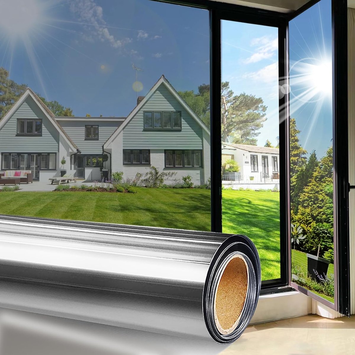 Raamfolie met eenrichtingszicht - Zonwering voor thuis - Spiegelende folie voor privacy overdag - 90% warmte-isolatie en UV-bescherming - El