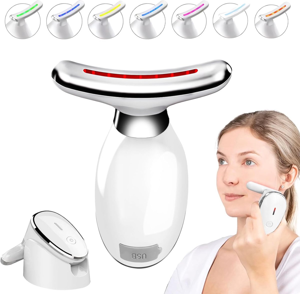 Gezichtsmassageapparaat voor gezicht en hals, rodelichttherapie voor het gezicht, LED-beautyapparaat met warmte en vibratie, hulpmiddel voor huidversteviging en vermindering van zwellingen, LED-apparaat voor gezichtslifting met 7 kleuren