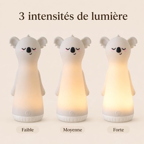 Namajunas - Koala Siliconen Nachtlampje - Oplaadbaar via USB-C Kinderlamp met Zaklampfunctie - Dimbare Zacht Licht Slaaplampje - voor Babykamer - voor Jongens en Meisjes - Warm licht - Voor Baby, Kind en Volwassenen - Grijs van Namajunas — afbeelding 3