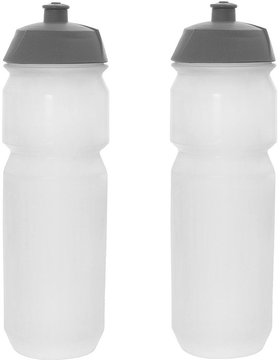 Deux bidons Tacx Shiva transparents de 750 ml avec bouchons gris.