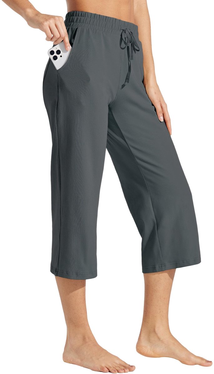 SnelShoppen - Dames Capribroek 3/4 Sportbroek Katoen Lichte Casual Zomerbroek Met Brede Pijpen Donkergrijs S - Perfect Voor Yoga, Workout, Jogging En