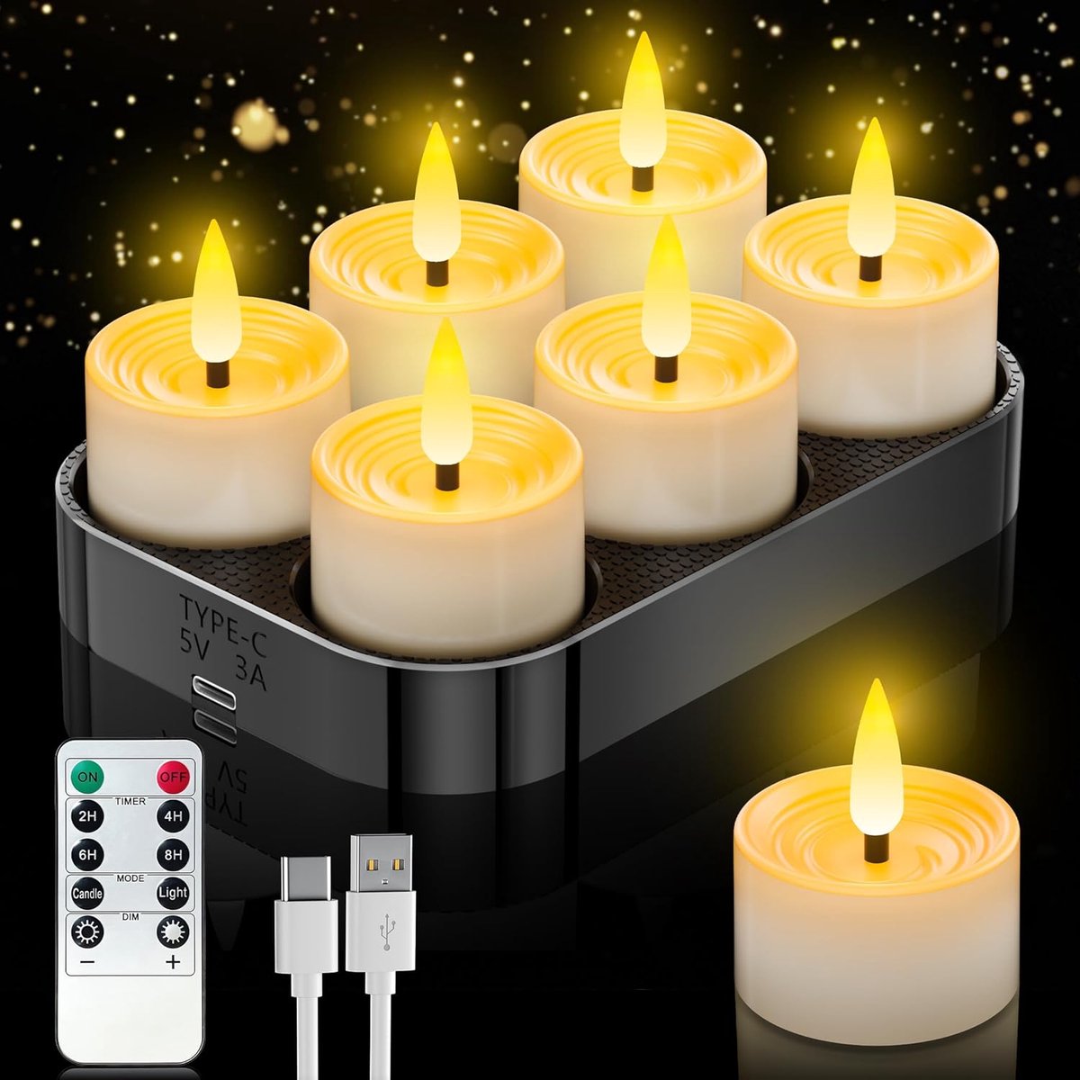 SnelShoppen - Oplaadbare LED Theelichten met Timerfunctie, 6 Stuks Flickerende Kaarsen met Afstandsbediening en Oplaadstation, Perfect voor Feest, Hal