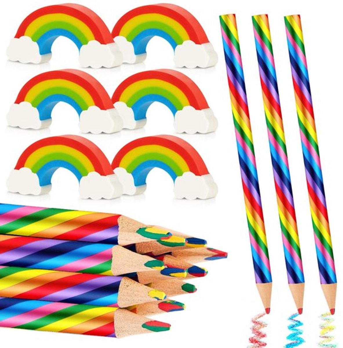 Kleurpotloden Regenboog - 12 Stuks - Kunststof Gummetjes - 4-in-1 Gum - Zacht/Flexibel - Ideaal voor Volwassenen - Tekenpotloden