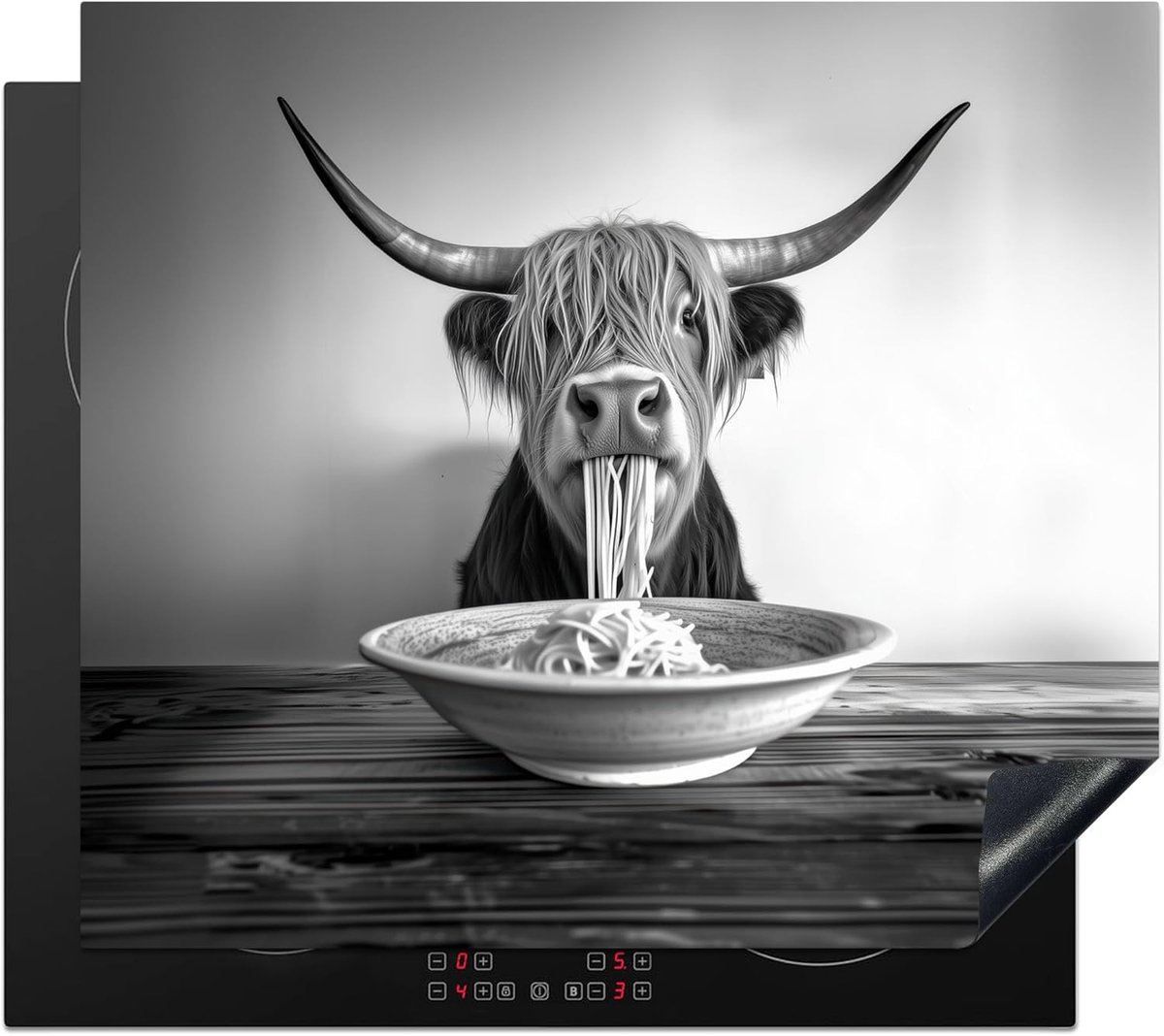 SnelShoppen - Inductiekookplaat Beschermer 59x52cm Keuken Decoratie Antislip Mat - Scottish Highlander - Spaghetti - Dieren - Zwart Wit