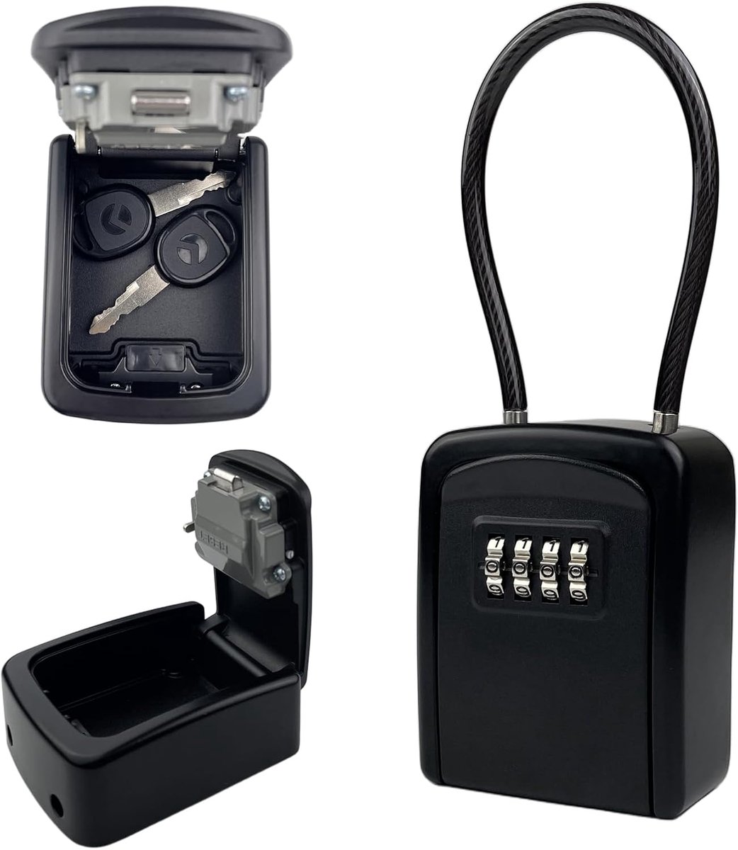 SnelShoppen - Waterproof Code Key Cabinet 4 Digits, Antiroest Aluminium Sleutelkastje met Haak voor Thuis, Buiten, Kantoor, Reizen, Zwart 94x75x37mm