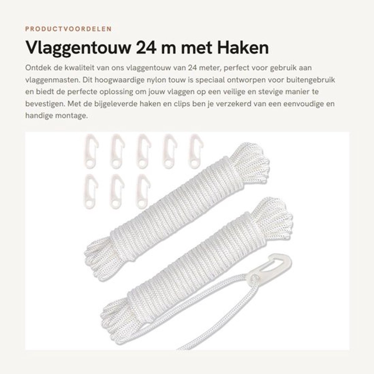 Vlaggentouw 24 m - Hoogwaardig Nylon - Vlaggenlijn met Haken - Sterk en Slijtvast - Voor Vlaggenmast - Inclusief Vlaggenclips