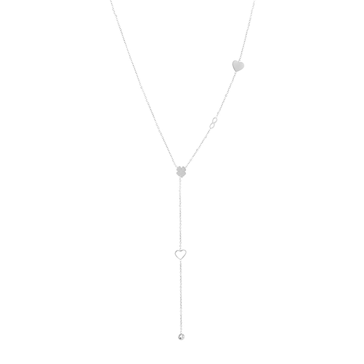 Modieuze Roestvrij Stalen Ketting - Zilverkleurige Y-Ketting met Klavertje, Hartje, Infinity en Steentje - Stainless Steel Sieraad - Zilver