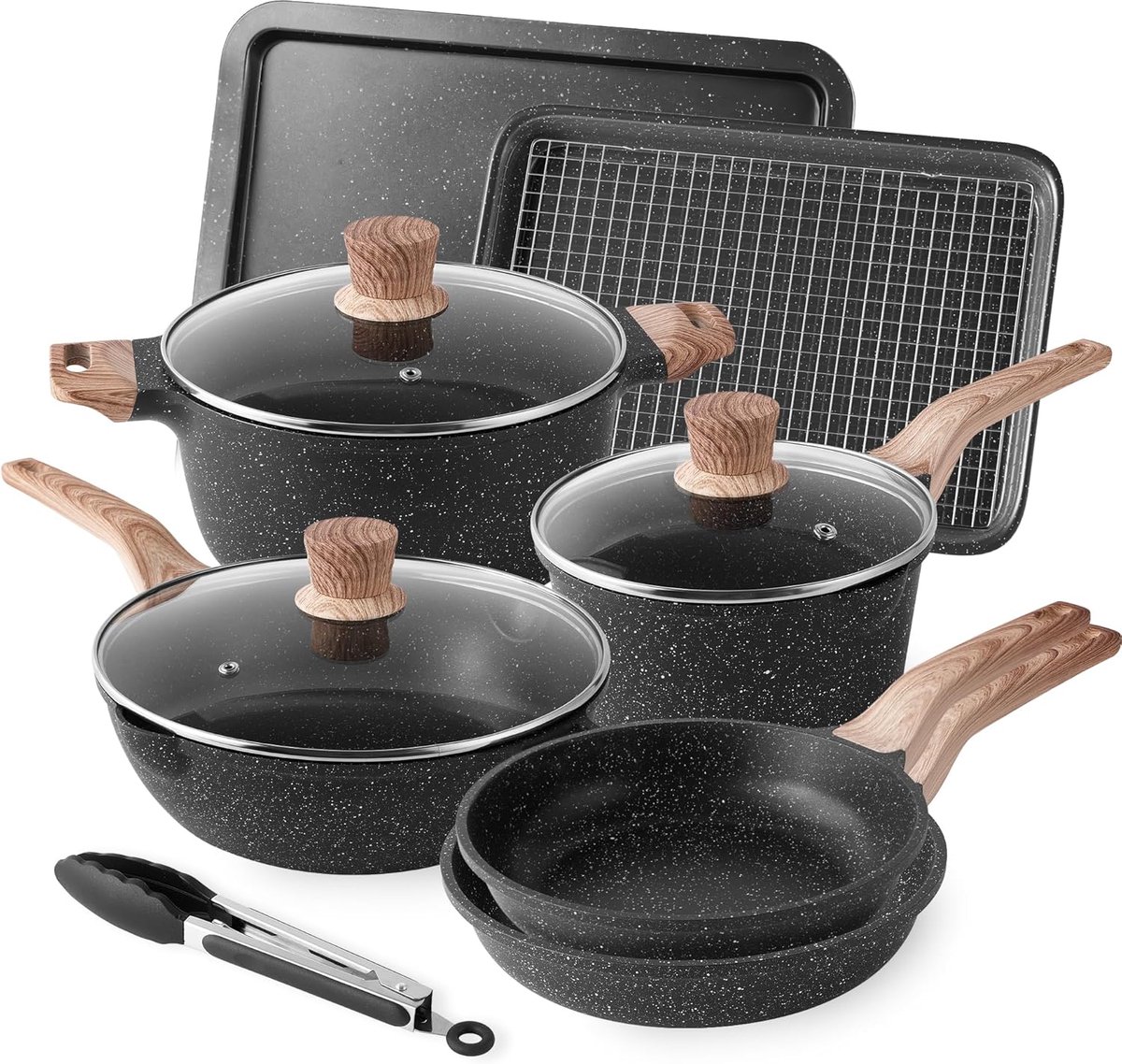 SnelShoppen - Inductie Pannen Set - 3-delige Koekenpannen en Kookpannen met Deksel - Antiaanbaklaag, Geschikt voor alle Fornuizen, Keuken en Koken
