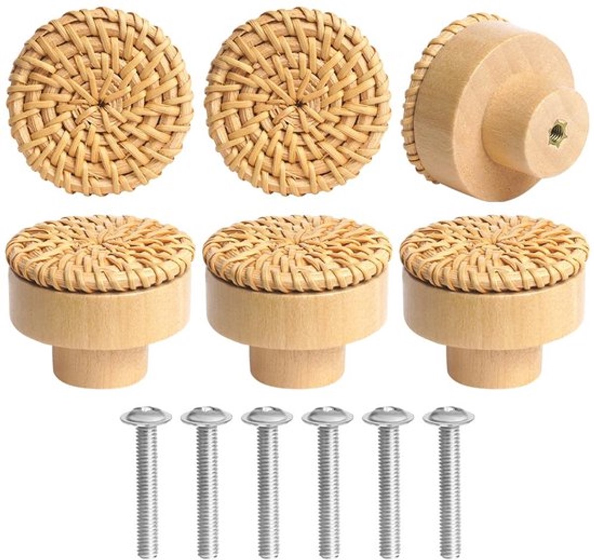 Ainiv Houten Deurklinken, 6 Stuks Rotan Meubelknoppen, Boho Decoratieve Kasten, Houten Dre