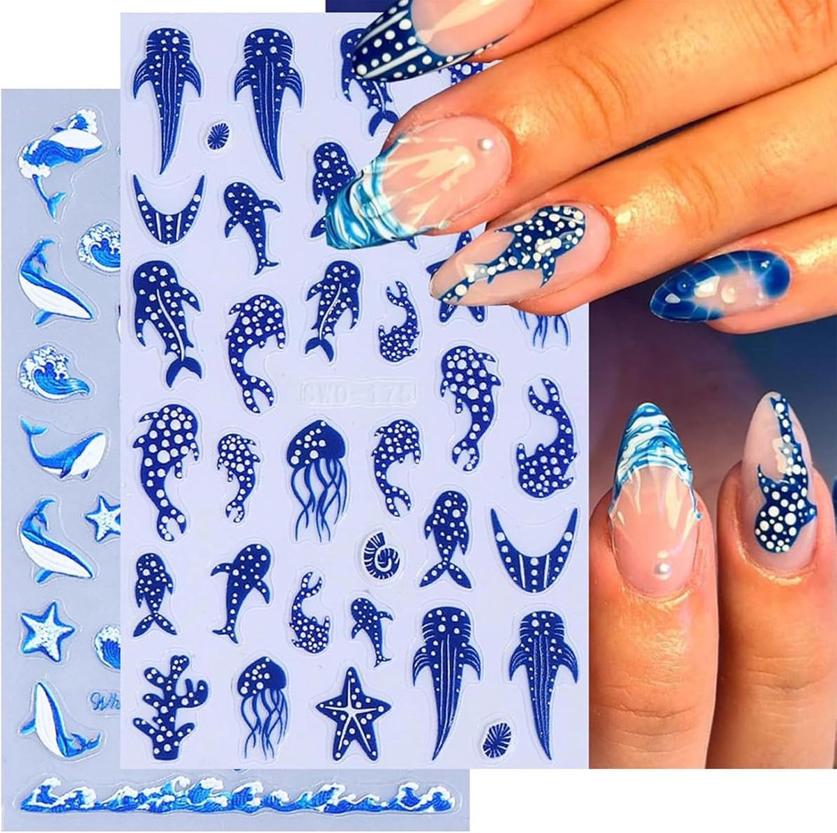 SnelShoppen - Oceaanblauwe Nagelstickers 3D, Zelfklevende Walvishaai Nagelversieringen, Zomerse Nagelkunst voor Vrouwen en Meisjes, DIY Set 2 Stuks