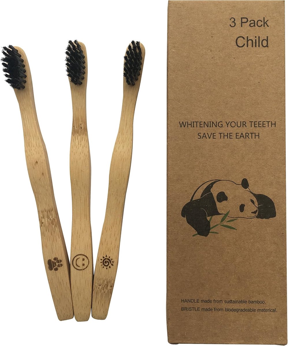 Kindertandenborstels set van 3 - bamboe handvat - zachte actieve kool haren - milieuvriendelijk alternatief - ShopVlot