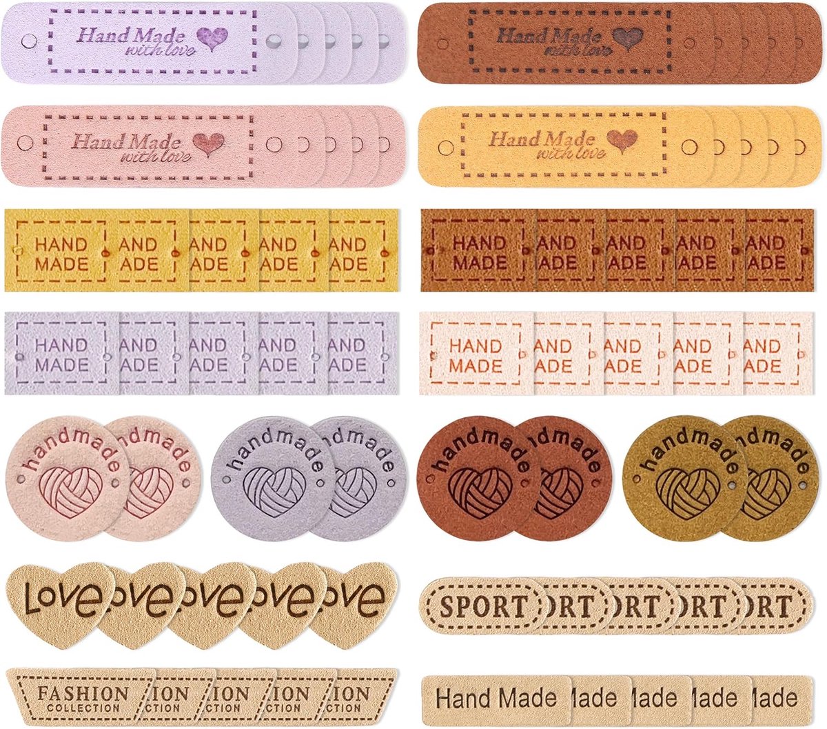 SnelShoppen - 68 Stuks Handmade Labels - PU Labels Met Gaten - 5 Stijlen - Handmade With Love Labels Voor Naaiwerk, Haken, Breien, Accessoires, Cadeau