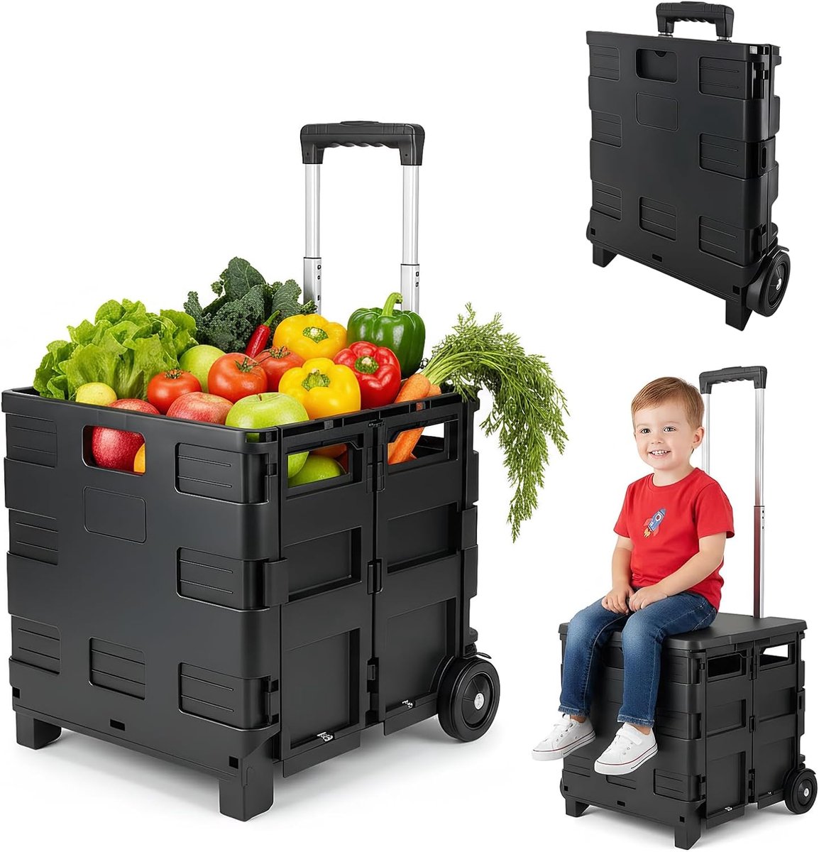 SnelShoppen - Opvouwbare Boodschappenkar Met Deksel, Verstelbare Telescopische Handgreep, 45L Inhoud, 2 Wielen, Ideaal Voor Boodschappen, Kamperen, Ma