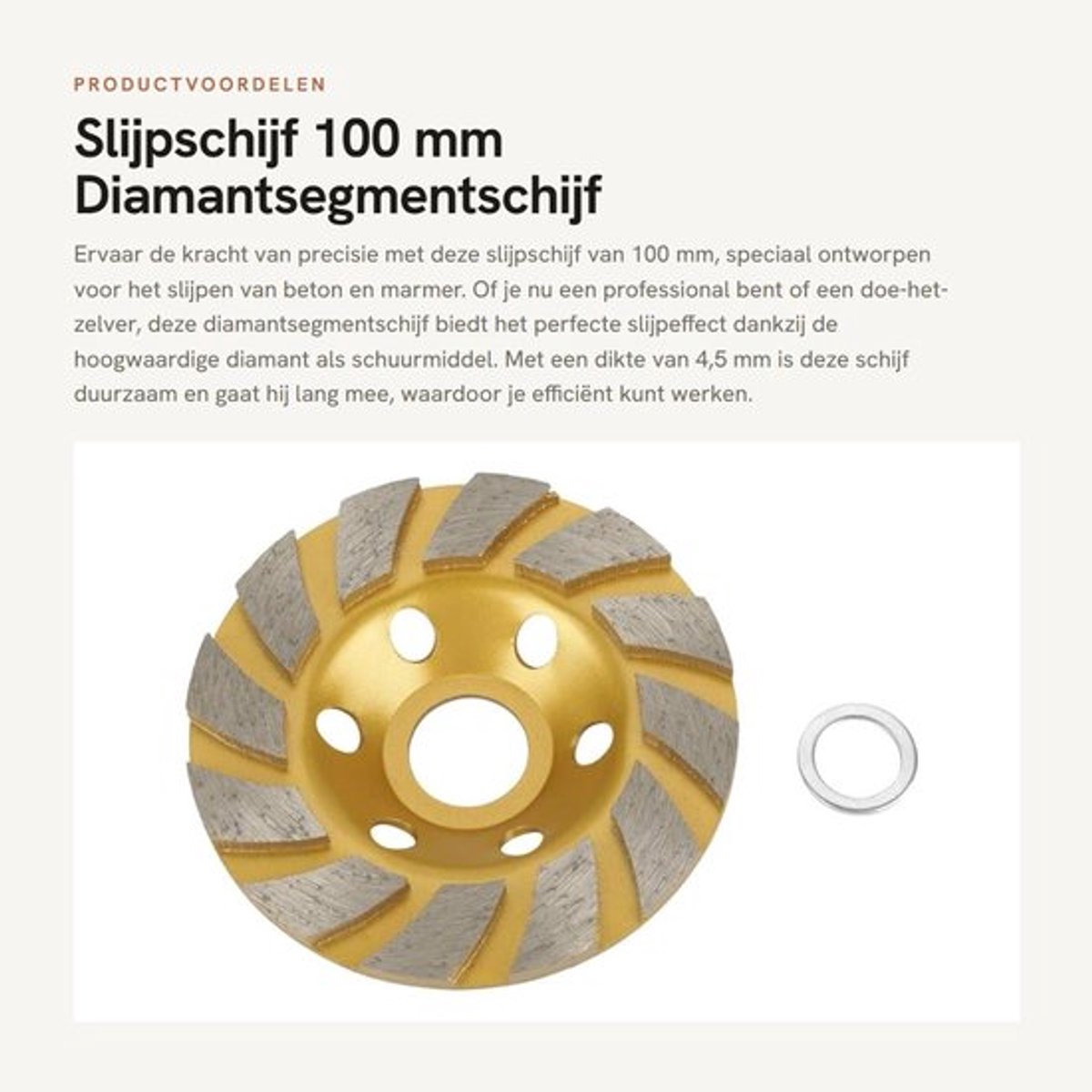 Slijpschijf 100 mm - Diamantschijf 4,5 mm - Geschikt voor slijpmachine - Luchtgaten voor koeling - Slijpen van beton/marmer - Duurzaam schuurmiddel