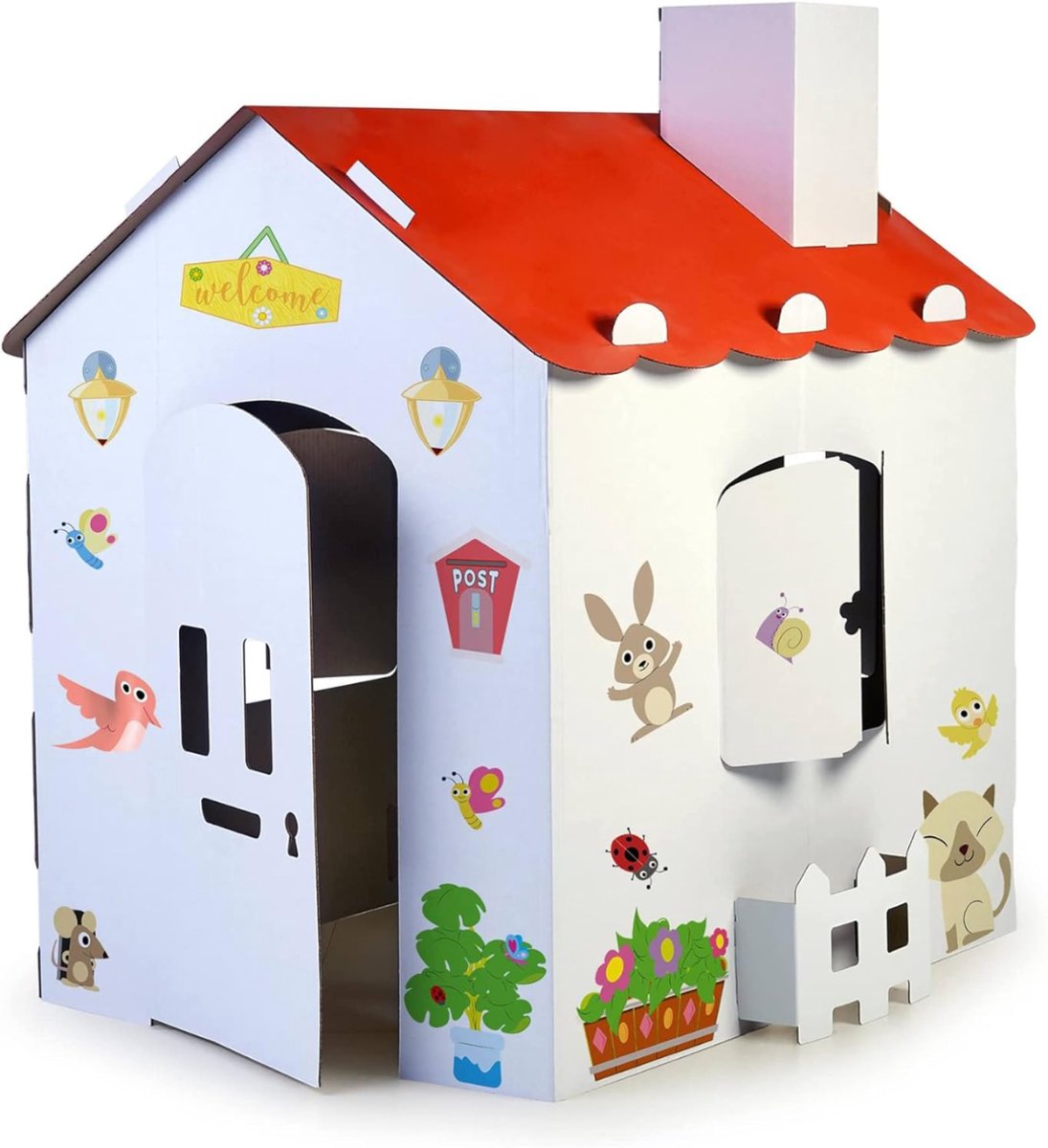VALI® Speelhuisje - Groot Speelhuisje Van Karton – Kleuren en Spelen met Grappige Stickers - Wit en Rood - 106cm x 61cm x 4cm