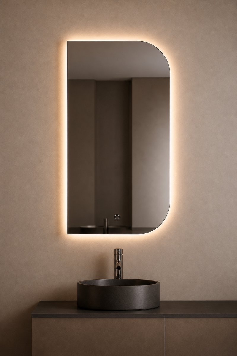 H&F LED Spiegel D-vorm 50x100 cm – Badkamerspiegel met Anticondens, Dimbaar & Instelbare Lichtkleur