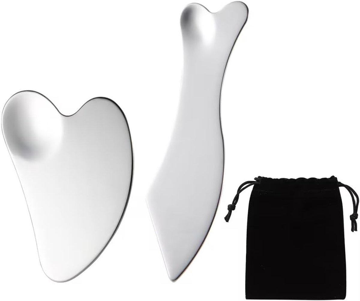 Set van 2 RVS Gua Sha Tools met Zaadzak voor Lymfedrainage, Gezichts- en Lichaamsmassage, Huidverzorging en Ontspanning