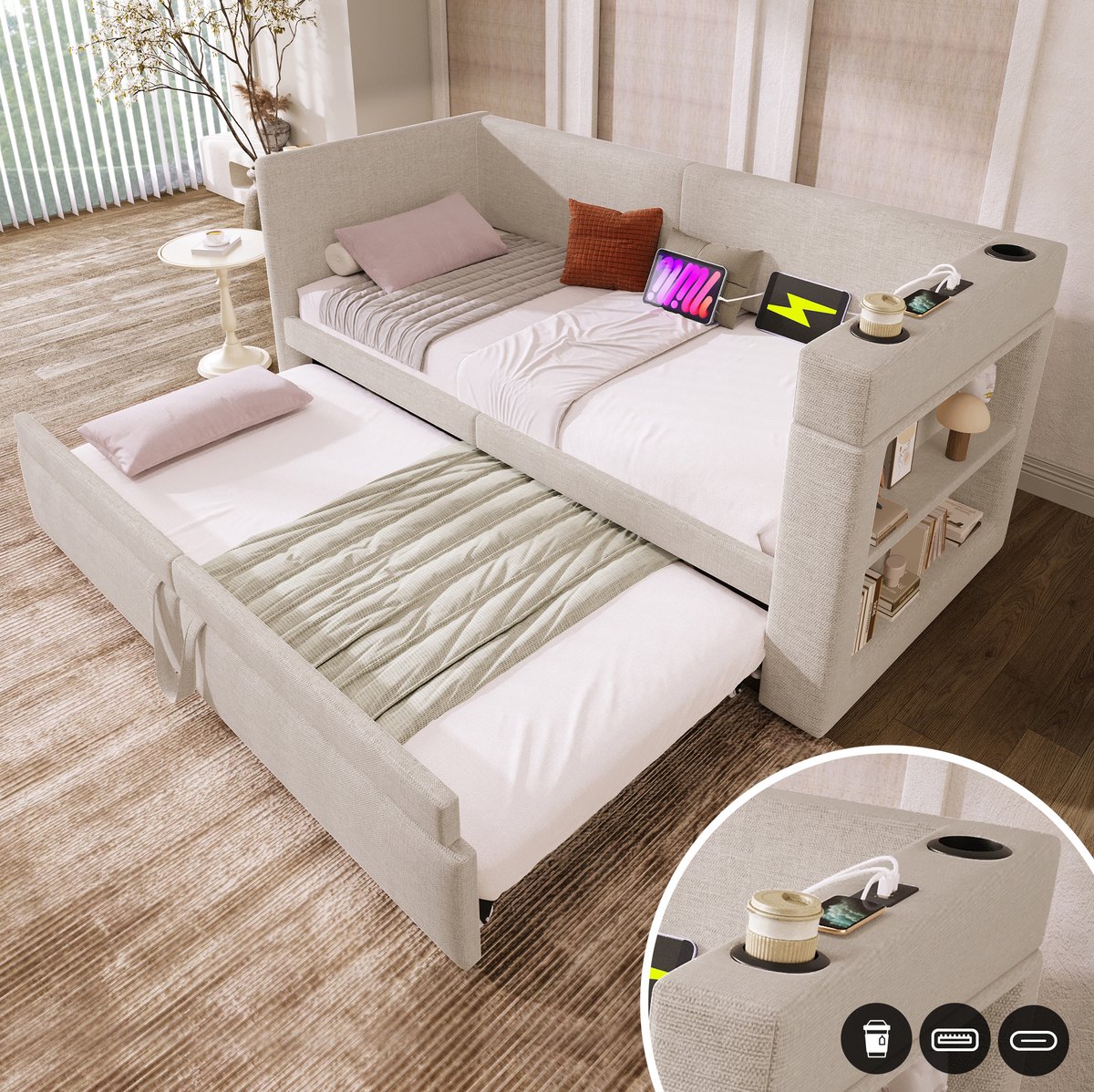 COVREO Slaapbank 90x200 cm beige stof, uitrolbed met USB, zonder matras