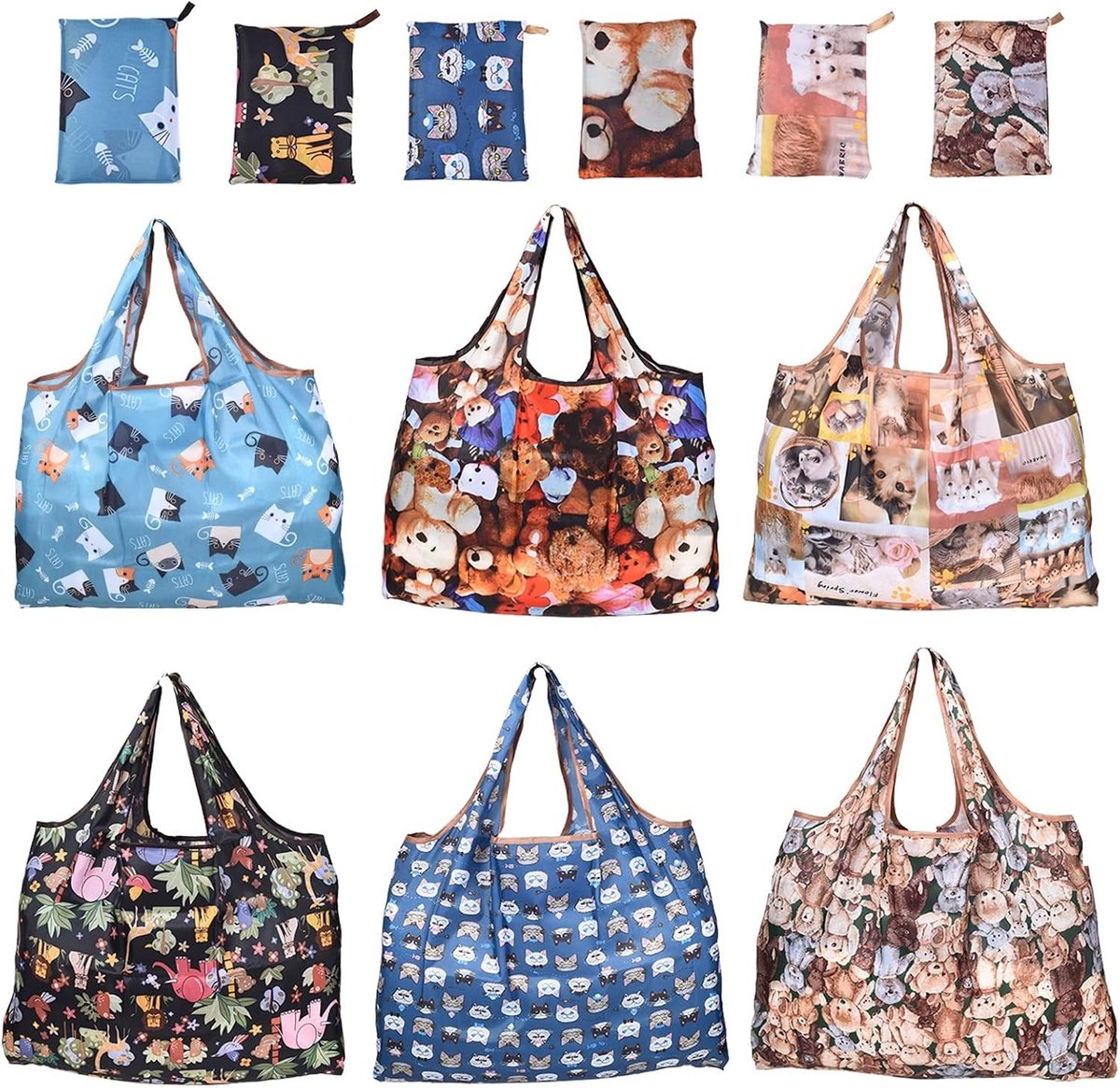 Set van 6 opvouwbare boodschappentassen - Herbruikbare, milieuvriendelijke nylon tassen met pouch en handvat voor dagelijkse boodschappen, reizen en opslag (dierenpatronen)