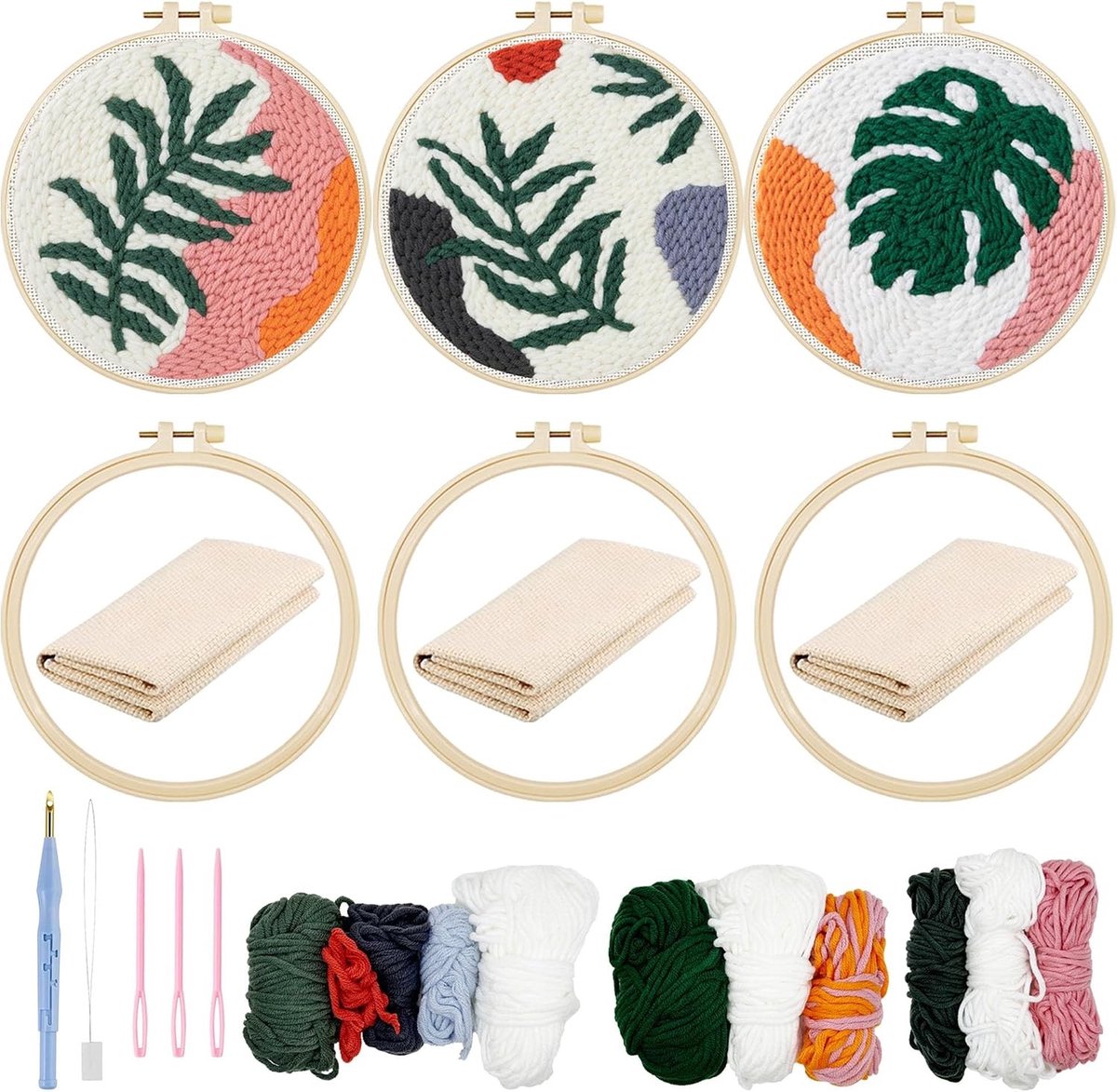 3-delige punch needle borduurset voor beginners met patronen en instructies voor volwassenen