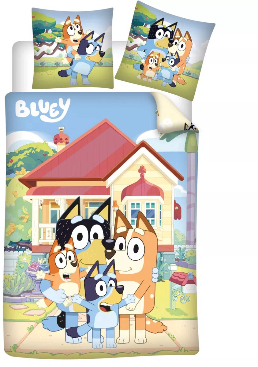Bluey Neighborhood Kinderdekbedovertrek - Peuterbeddengoed 100 x 135 cm + Kussensloop 40 x 60 cm - 100% Katoen