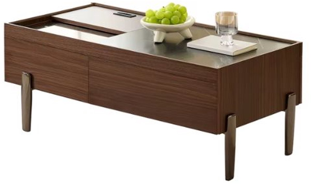 Emvae Salontafel - Salontafel met Opbergruimte - Koffietafel - Met Lades - Glazen Blad - 105 x 50 x 41,5 cm - MDF - Donkerbruin Marmerpatroon