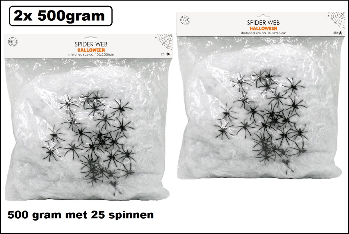 2x Super Zak spinnenweb/rag 500gram met elk 25 spinnen - totaal 1000gram - Halloween spooky scary horror spinnenrag