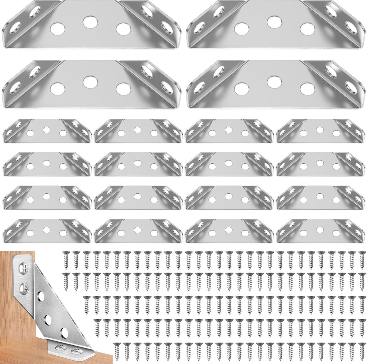 SnelShoppen - 20 stuks roestvrijstalen hoekverbindingen, hoeksteunen met schroeven, driehoekige meubelhoeken voor het versterken van houten planken, k