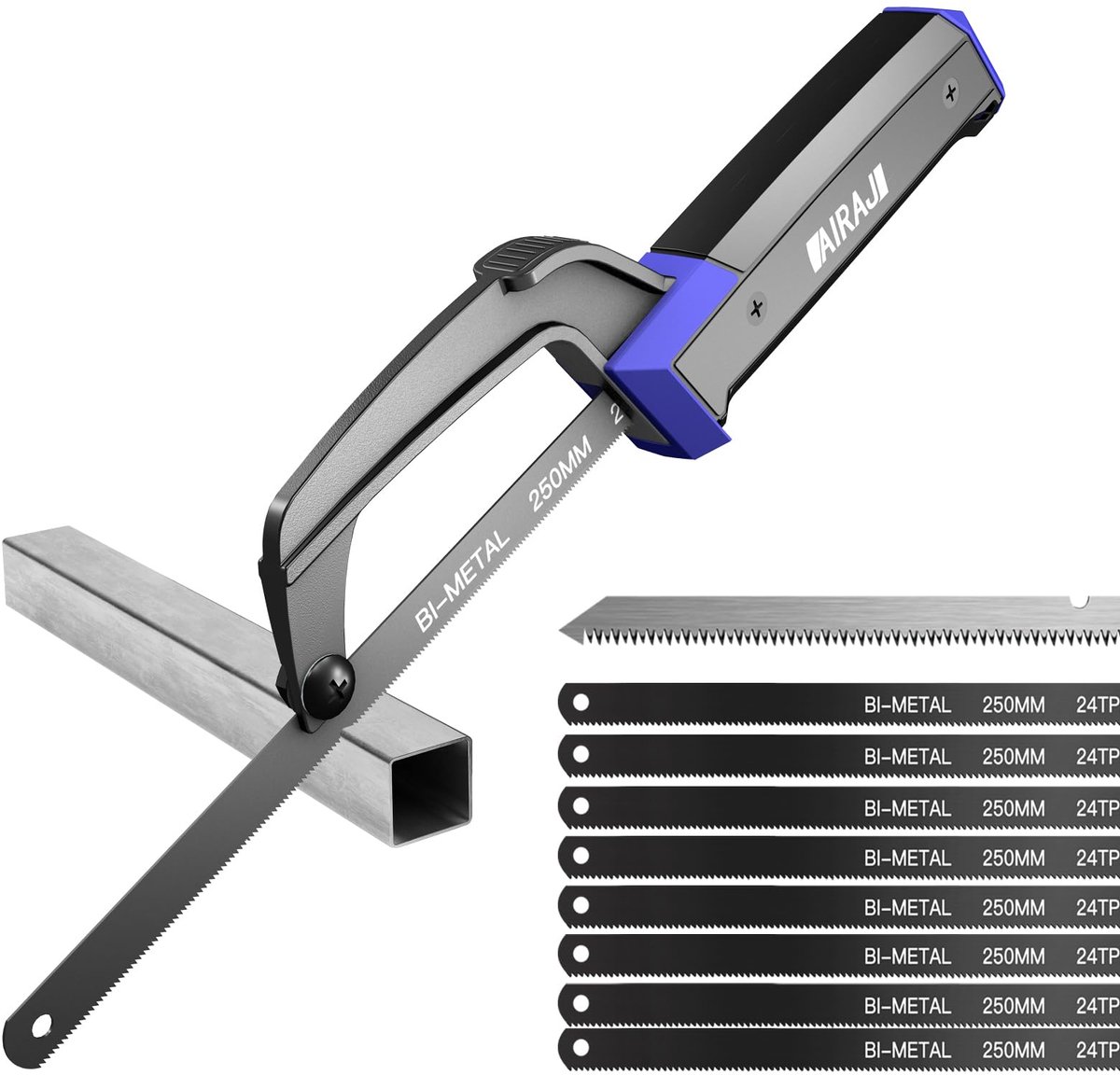 SnelShoppen - AIRAJ Junior ijzerzaag - Precisie metaalzaag met 9 bimetalen en 1 houten mes - Aluminium frame - PP+TPR rubberen handvat - Voor metaal,