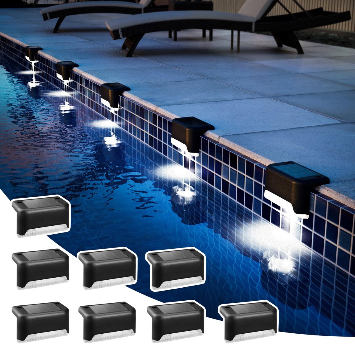 8-delige waterdichte solarverlichtingsset, geschikt voor schuttingen, trappen, patio's, terrassen en looppaden (zwart, wit)