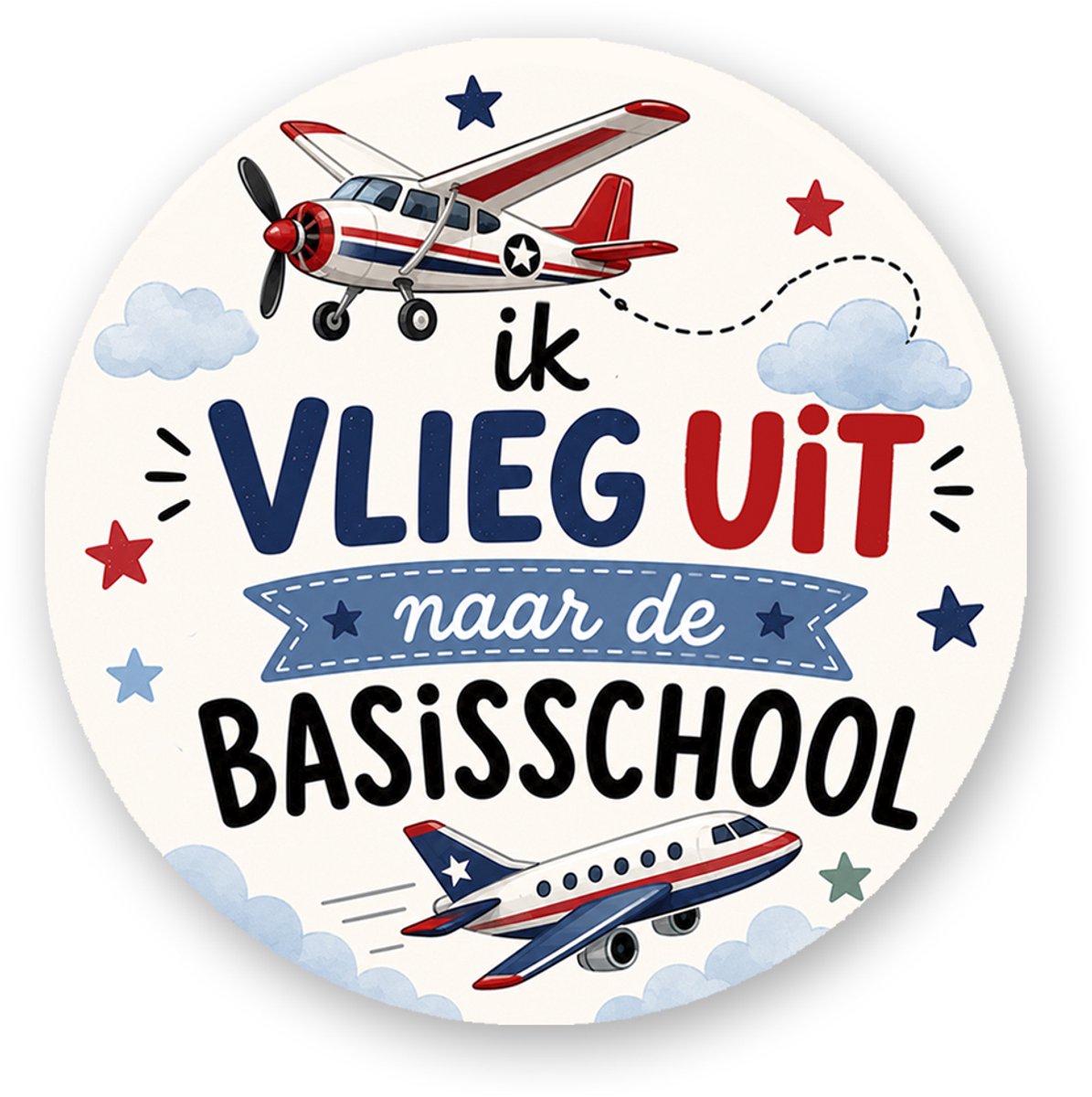 Ik vlieg uit naar de basisschool – Traktatiesticker vliegtuig | Afscheid Kleuterschool