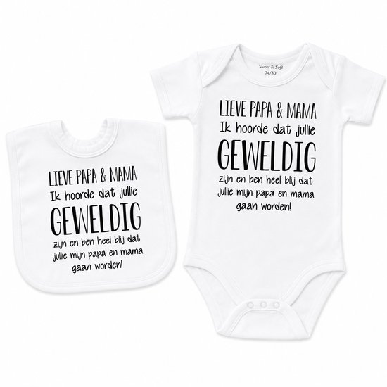 Zwangerschap aankondiging cadeau set baby slabbetje en rompertje met tekst liefste aanstaande lieve papa en mama hoera jullie worden mooiste cadeau aankondiging geboorte bekendmaken bekendmaking zwangerschapsaankondiging eerste moederdag vaderdag