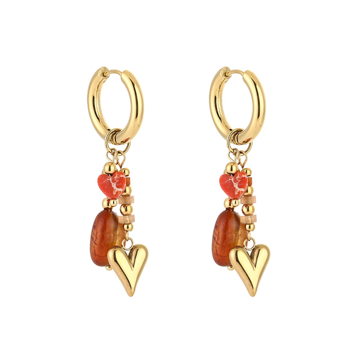 Stainless Steel Heart Charm Beaded Huggie Hoops – Luxe Kraal & Hart Oorringen 4.5 cm – RVS - Oranje