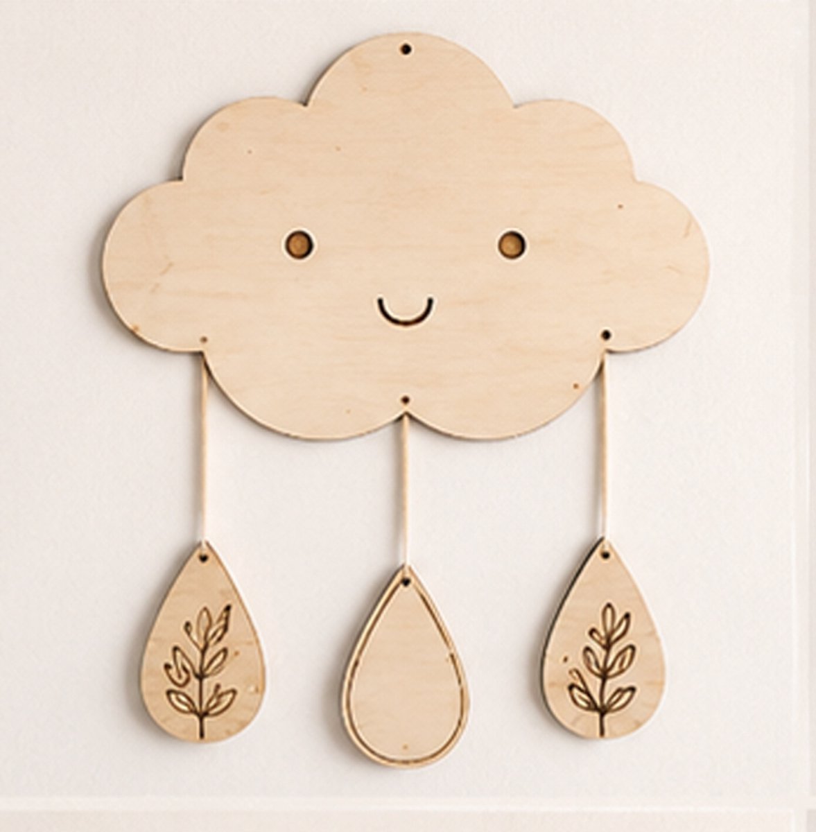 Houten Wolk Wanddecoratie Babykamer | Boho Nursery Wall Decoration | Baby Room Decor | Botanische Regendruppels | Berkenhout