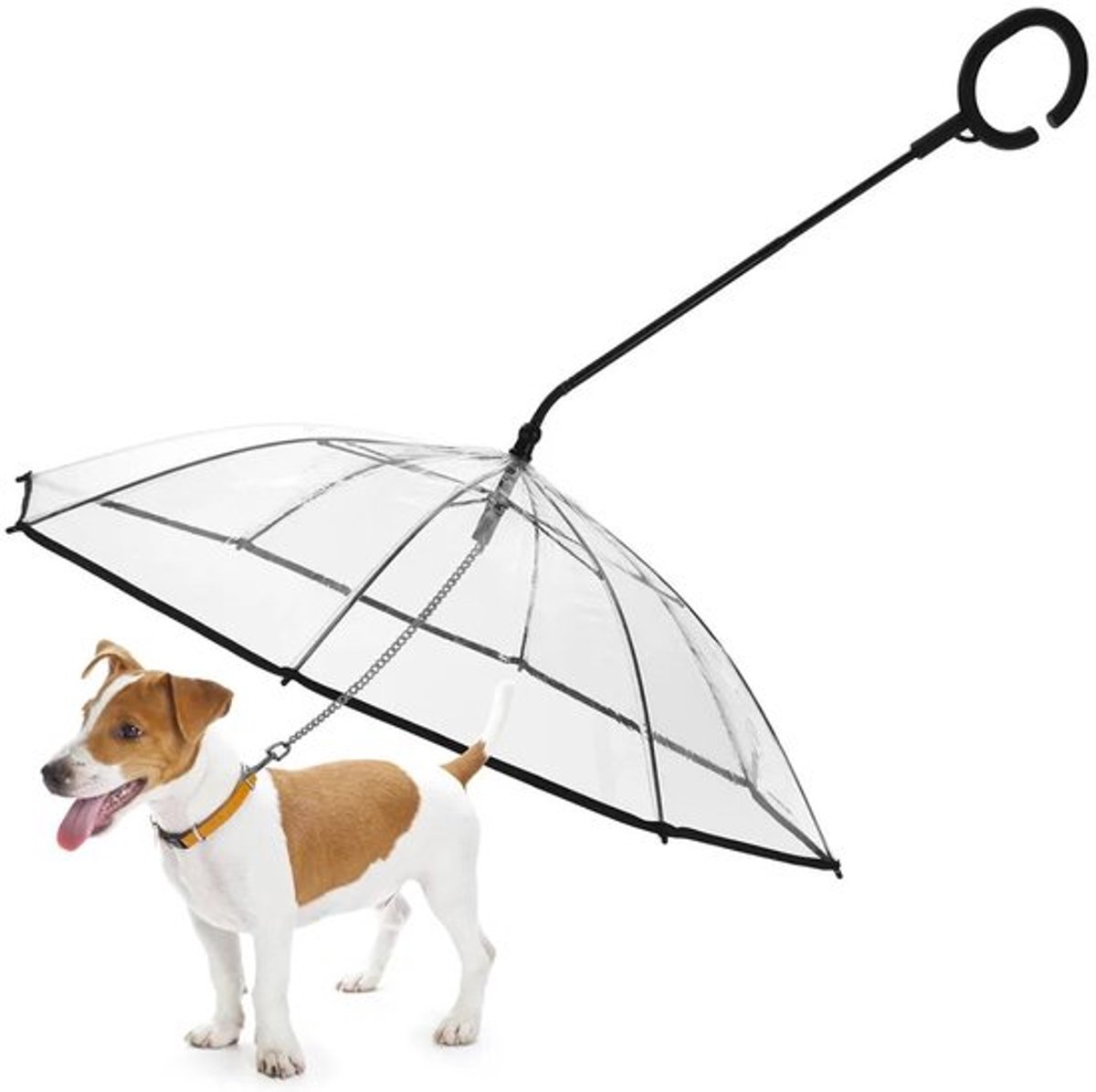 Een hondenparaplu met een kettingriem, verstelbare hoek en C-vormig handvat, ideaal voor regenachtige dagen.