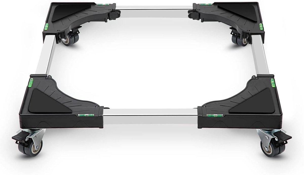 Verstelbare wasmachinebasis met 4 slotwielen, maximaal 200 kg, breedte 40-62 cm, hoogte 11 cm, geschikt voor wasmachines en koelkasten, zwart