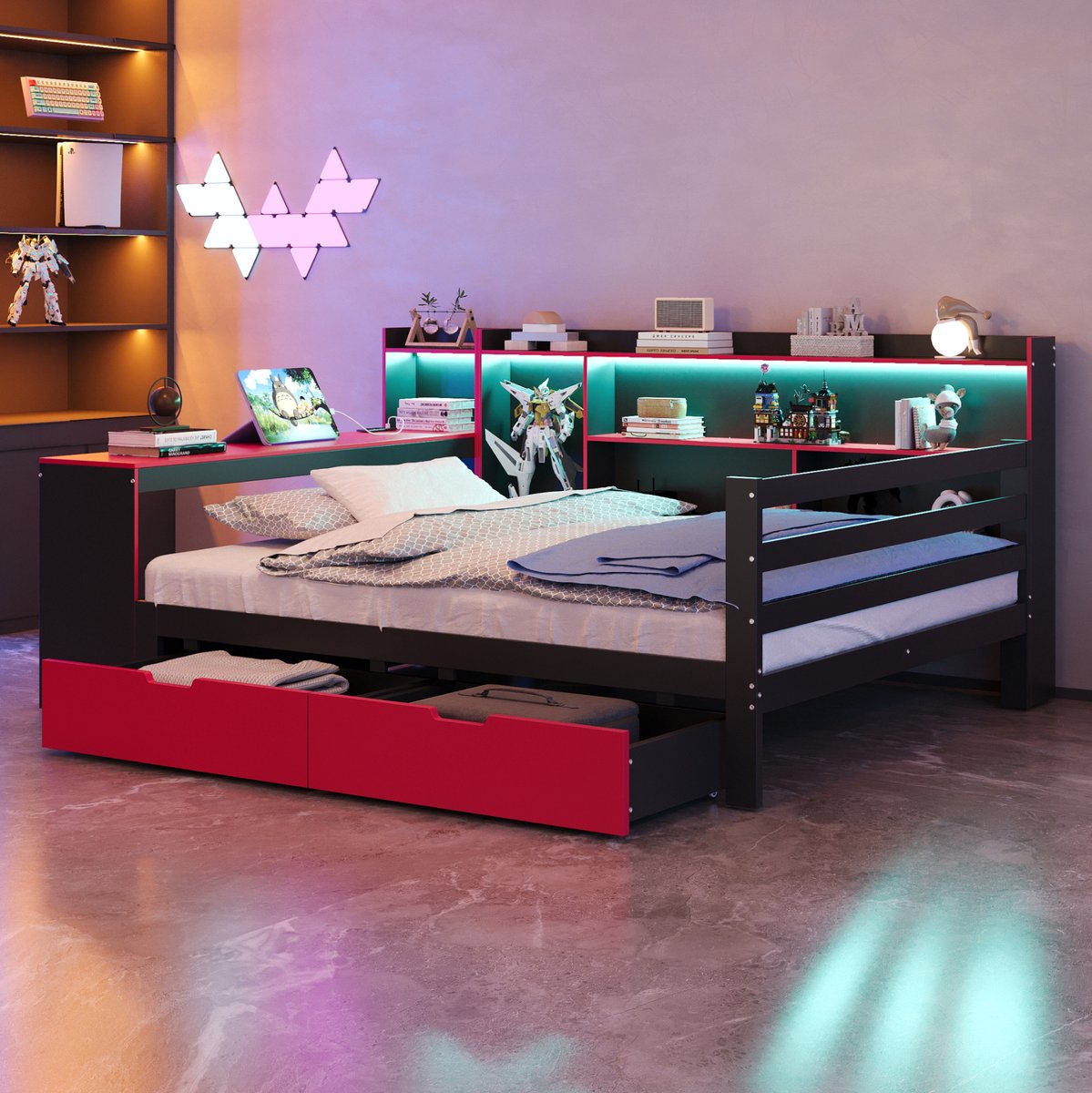 COVREO Bed 140x200 cm zwart rood met bureau en lades zonder matras